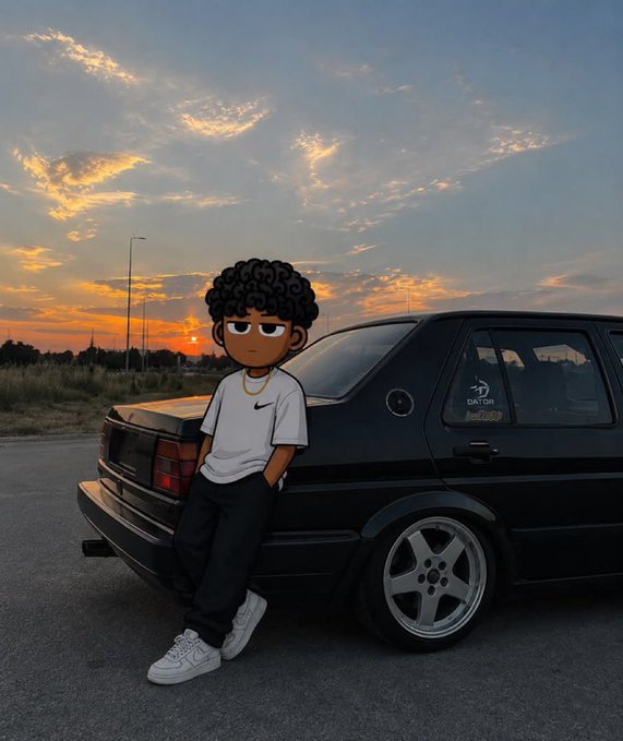 A digitally edited image of a cartoon character with curly hair leaning against a black hatchback car at sunset.