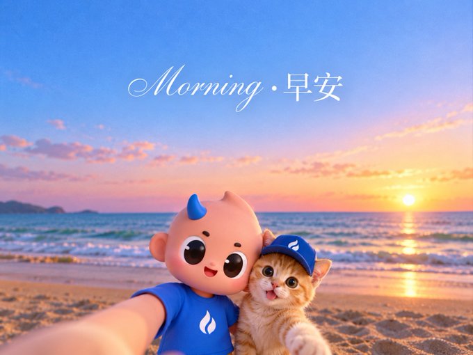 A cartoon baby character with a blue flame emblem on their forehead takes a selfie with a tabby kitten wearing a matching blue cap on a sunset beach, beneath the text "Morning · 早安" — perfectly pairing with the cheerful "good morning" check-in message from Fire Baby and Little Fire Kitty.