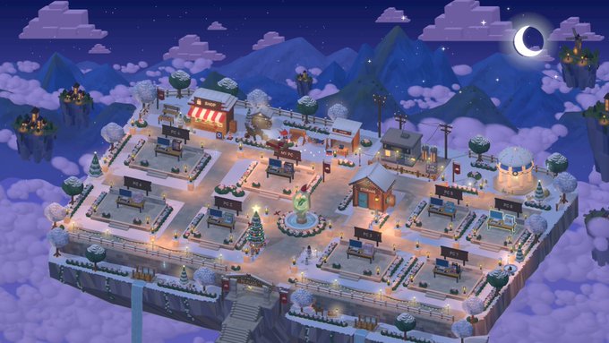 An isometric 3D rendering of a snowy, floating town at night featuring a central Christmas tree, a fountain, shops, and a moonlit sky with a crescent moon.