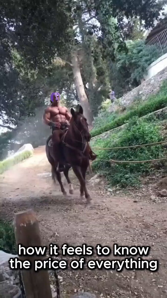 The image shows a man riding a horse through a forested area near some trees with a fence in the foreground. The man appears to be wearing a mask or helmet, possibly indicating that he is on a special occasion or participating in an event. The caption of the image suggests that it may have been created for Twitter but has been used elsewhere as well. It talks about how the photo feels like seeing information from the post and provides price data related to different items such as Bitcoin and coffee, which seems out of context given its location among trees and a forested area with horses and riders.