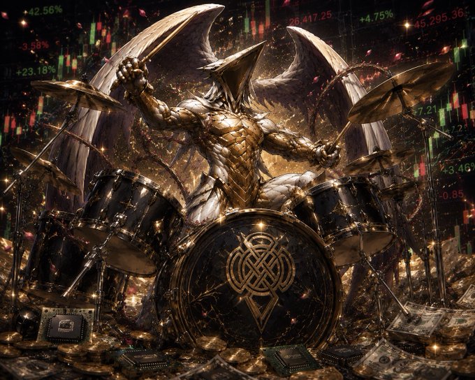 A muscular, armored winged figure in golden plating passionately plays an elaborate drum kit adorned with intricate symbols, surrounded by piles of gold coins and electronic chips, while green and red stock market charts with percentages like +42.56%, +4.75%, +23.18%, and -3.63% cascade across the background—visually embodying the volatile "DRAM" rally and the faith-based "$DRAM を信じなさい" ("Believe in $DRAM") sentiment.