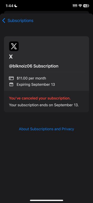 A screenshot of an iOS Subscriptions page showing a canceled X (formerly Twitter) subscription to "@blknoiz06" at $11.00 per month, with the subscription set to expire on September 13.