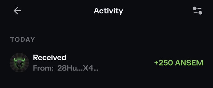 The image shows an Activity screen displaying a transaction from today where the user received +250 ANSEM tokens from a sender with an address starting "28Hu...X4..." accompanied by a bull profile icon. This screenshot confirms the airdrop claim, showing 250 $ANSEM tokens were successfully deposited to the user's wallet for trading on PhoenixTrade, as referenced in the post.
