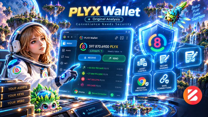 A promotional graphic for 'PLYX Wallet' features an anime-style girl with headphones and displays a balance of '597 870.6900 PLYX' alongside features like asset control, secure signing, and browser protection.