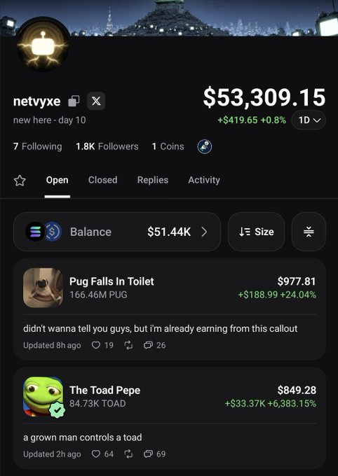A screenshot of a Pump Fun profile page for "netvyxe" showing a $53,309.15 portfolio (+$419.65) with opened positions including "Pug Falls In Toilet" ($977.81) and "The Toad Pepe" ($849.28), demonstrating the trader's 10-day journey and successful callouts shared in the post.