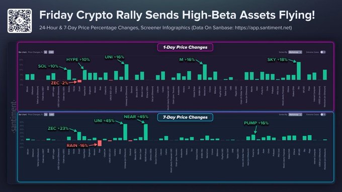 An infographic titled "Friday Crypto Rally Sends High-Beta Assets Flying!" displaying screener data with 24-hour and 7-day price changes, highlighting notable performers including HYPE +10%, UNI +16%, M +16%, SKY +18%, ZEC +23%, NEAR +45%, PUMP +16%, and RARE -16%. The bar charts visually reinforce the accompanying post's message of a broad altcoin rally, with most assets showing green (positive) gains and only a few red (negative) declines.