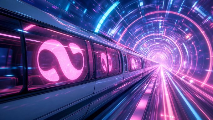 A futuristic neon-lit subway train traveling through a glowing pink and blue tunnel.