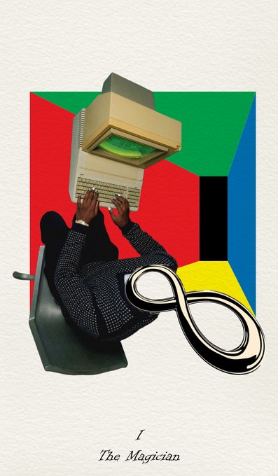 A surrealist tarot card illustration titled "I The Magician" depicts a figure with a vintage computer monitor for a head, seated at a desk with hands poised over the keyboard and large metallic scissors where the chair's armrest would be. The artwork is framed by bold blocks of red, green, blue, yellow, and black, giving it a striking, postmodern aesthetic fitting for a digital collectible on the Teia and Objkt NFT platforms.