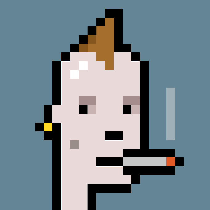 A pixel art illustration of a bald person with a brown hair tuft on top, smoking a cigarette and wearing a yellow earring, set against a blue background.