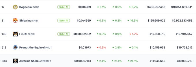 A cryptocurrency ranking table displays meme coins including Dogecoin (DOGE) at $0.06889, Shiba Inu (SHIB) at $0.0004959, FLOKI at $0.00002052, Peanut the Squirrel (PNUT) at $0.03973, and Asteroid Shiba (ASTEROID) at $0.00007141, showing their market caps and percentage changes.

The image supports the post's claim about analyzing Elon Musk's connection to meme coins, likely illustrating the various meme tokens referenced in the discussion of his influence and promotional patterns in the crypto market.