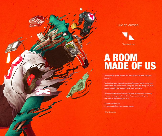 An NFT auction graphic titled 'A ROOM MADE OF US' by Bomzie.exe, displayed on Transient.xyz, featuring abstract green and white artwork with a stop sign and miscellaneous objects on an orange background.