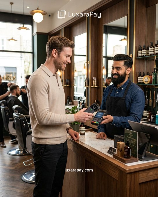 The image shows a smiling customer in a cream sweater completing a tap-to-pay transaction with a barber wearing an apron, who is holding a payment terminal at a stylish barbershop counter displaying "LuxaraPay" branding. This visual represents the seamless, real-world convenience of crypto-backed payments, perfectly illustrating the post's message about topping up and unlocking crypto freedom through quick, everyday contactless transactions.