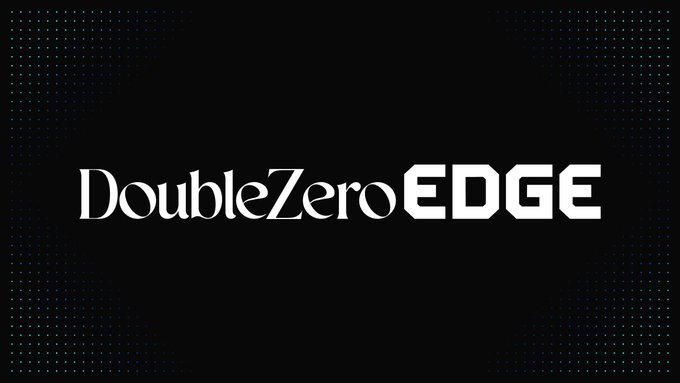The image displays the "DoubleZero EDGE" logo in white text against a dark background with subtle teal accent dots in the corners. The logo reinforces the post's message by branding "Edge" as the product letting trading teams focus on alpha instead of venue integration.