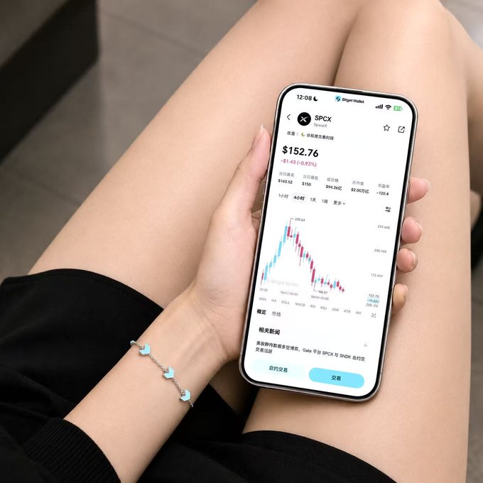 A person wearing a blue clover bracelet holds a phone displaying the Biget Wallet app, showing the SPCX (SpaceX) token trading at $152.76, down 0.57%, alongside a candlestick chart—visually capturing the moment of checking crypto holdings during the broader market downturn referenced in the post.