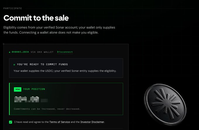 A webpage interface with the header 'Commit to the sale' showing a connected wallet status 'YOU'RE READY TO COMMIT FUNDS' and a section displaying 'YOUR POSITION' with a blurred USDC amount.