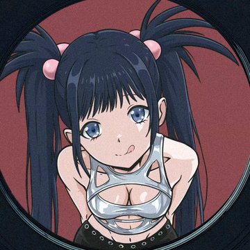 An anime-style illustration framed within a dark circle, showing a girl with long dark pigtails and blue eyes wearing a strappy silver top.