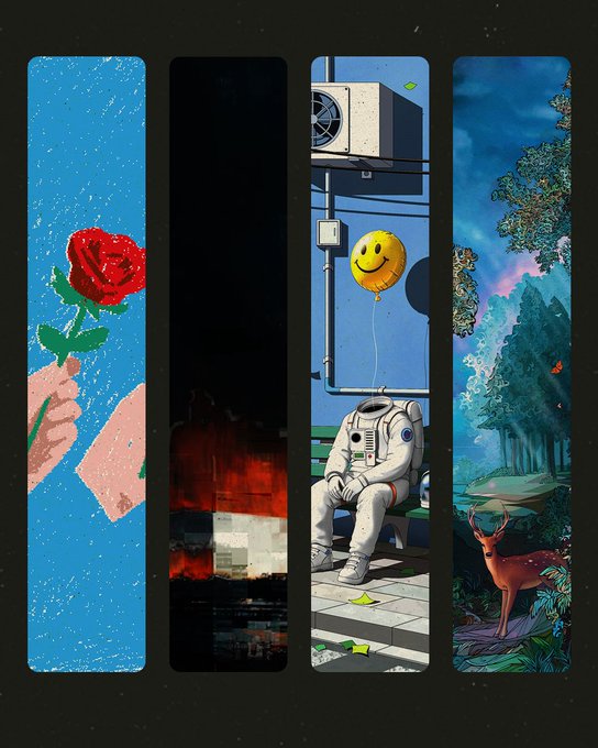 Four vertical panels showcase distinct artistic illustrations—pixel-art hands exchanging a rose against blue, glitched text on dark, an astronaut on a bench with a smiley balloon, and a stag in a vibrant forest—representing the artwork editions of the sold-out project.