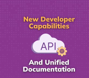 A purple graphic displays "New Developer Capabilities" and "API" alongside a cloud icon with a gear, and "And Unified Documentation," promoting Pi Network's new developer toolkit that includes local storage, app-specific staking data, and file sharing features for building real applications.