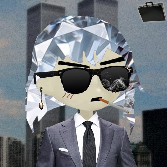 A stylized character with faceted silver hair, black sunglasses, and a dangling earring smokes a cigarette while wearing a grey suit and black tie, with a briefcase floating in the background.