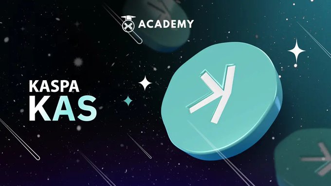 A promotional graphic for 'KASPA KAS' cryptocurrency featuring a teal coin with the K symbol against a dark space background with stars and the 'ACADEMY' logo.