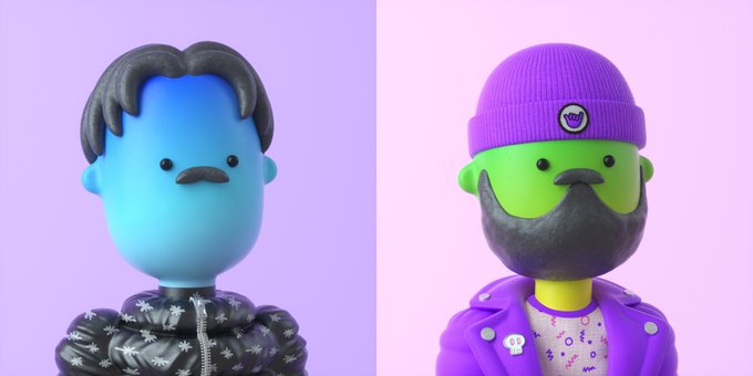 Two 3D-rendered cartoon characters side by side: a blue-faced character with black hair and mustache wearing a dark jacket on a purple background, and a green-faced character with a black beard, purple beanie, and purple jacket on a pink background.
