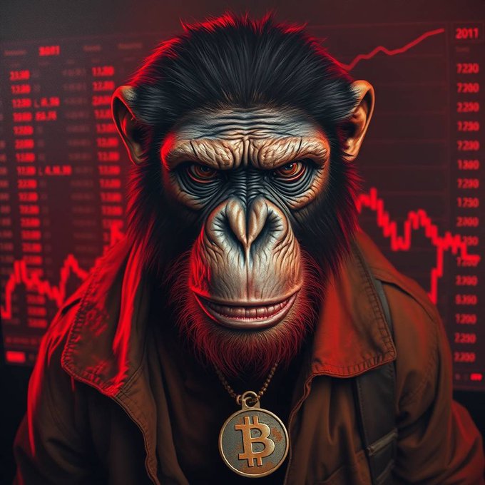 A digital illustration depicts a chimpanzee wearing a brown jacket and a gold Bitcoin pendant, set against a background of red stock market charts and financial data displays.