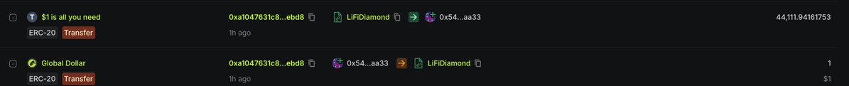 A blockchain transaction record showing two ERC-20 transfers involving the address 0x542718C390Ef1E4bEB46ce2023FfaA627db8aa33: one sending $44,111,941,617.53 in "LIFIDiamond" tokens and another receiving 1 "Global Dollar" ($1) from address 0xa1047631c8...ebd8. The image visually verifies the post's claim that Robinhood founder Vlad Tenev made a $1 meme token purchase on Robinhood Chain, with the transaction hash confirming the legitimacy of the buy.