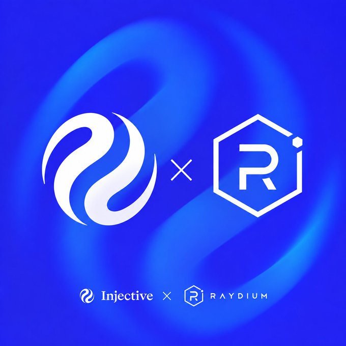 A blue promotional image announcing a partnership between Injective and Raydium, featuring both logos separated by an 'x'.