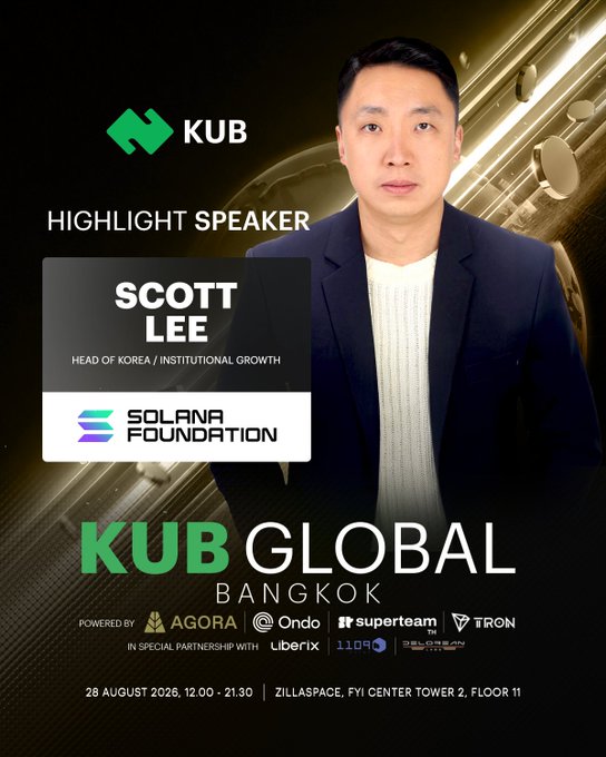 A promotional poster for the KUB Global Bangkok event featuring highlight speaker Scott Lee, Head of Korea / Institutional Growth at the Solana Foundation, taking place on 28 August 2026, 12:00-21:30 at Zillaspace, FYI Center Tower 2, Floor 11, powered by Agora, Ondo, Superteam, and TRON.