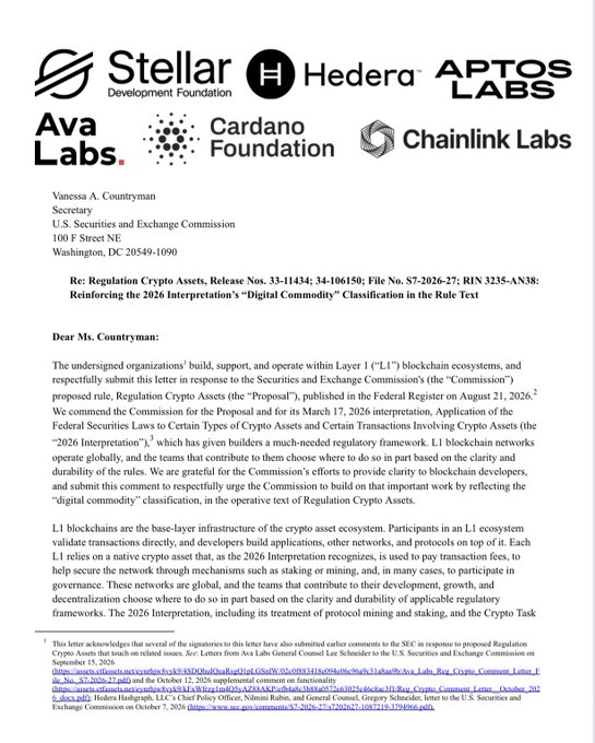 A letter from the U.S. Securities and Exchange Commission addressed to Vanessa A. Countryman references Regulation Crypto Assets, Release Nos. 33-11434 and 34-106150, and “digital commodity” terminology, with logos including Stellar Development Foundation, Hedera, Aptos Labs, Ava Labs, Cardano Foundation, and Chainlink Labs.