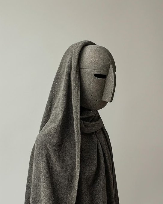 A sculptural figure or statue made of gray stone features a smooth, featureless face with a narrow horizontal slit for eyes, draped in a hooded, textured gray cloth against a plain background.
