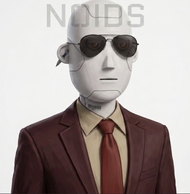An illustration of a humanoid robot with a white head, wearing dark sunglasses, a maroon suit jacket, beige shirt, and red tie, with 'NOIDS' watermarked across the top.