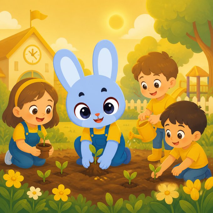 A cartoon illustration of children and a blue bunny wearing overalls planting seedlings in a garden in front of a schoolhouse.