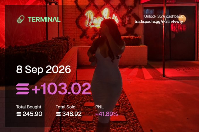 A woman in a white dress walks past a red-lit storefront at night, overlaid with a crypto trading dashboard from "TERMINAL" dated 8 Sep 2026 showing a profit of "+103.02 SOL" with Total Bought of 245.90 and Total Sold of 348.92, yielding a PNL of +41.89%—matching the poster's celebration of a 103.02 SOL daily gain. A cashback promo for "trade.padre.gg" appears in the upper right corner.