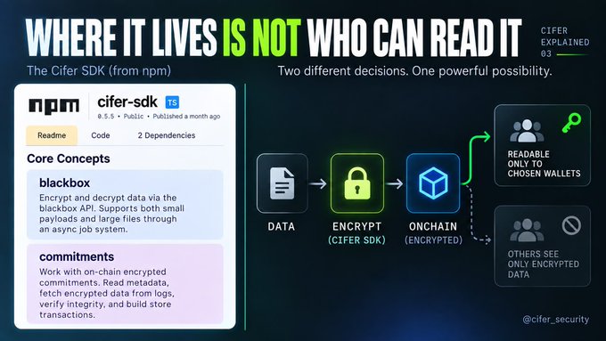 An explainer graphic titled "WHERE IT LIVES IS NOT WHO CAN READ IT" showing the Cifer SDK data flow from DATA → ENCRYPT (CIFER SDK) → ONCHAIN (ENCRYPTED), with categories "READABLE ONLY TO CHOSEN WALLETS" and "OTHERS SEE ONLY ENCRYPTED DATA."