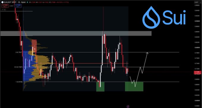 A candlestick chart for SUIUSDT SPOT on a 1D timeframe with the Sui logo, showing price levels around 0.67-0.75, a 0.786 Fibonacci level, and a hand-drawn arrow indicating a potential upward price movement.