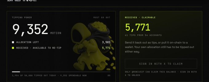 A user dashboard showing a tipping balance of 9,352 $MOTION with 5,771 claimable from 56 accounts, complementing a post celebrating a fresh tip inflow and announcing another round of $MOTION tipping for engaged users.