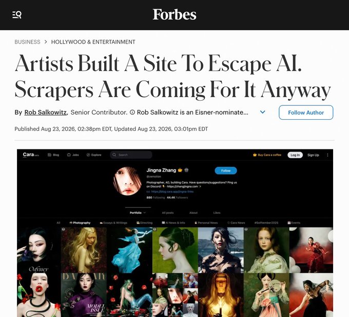 A Forbes article headline reads 'Artists Built A Site To Escape AI. Scrapers Are Coming For It Anyway' by Rob Salkowitz, showing the Cara app beta interface with artist Jingna Zhang's portfolio.