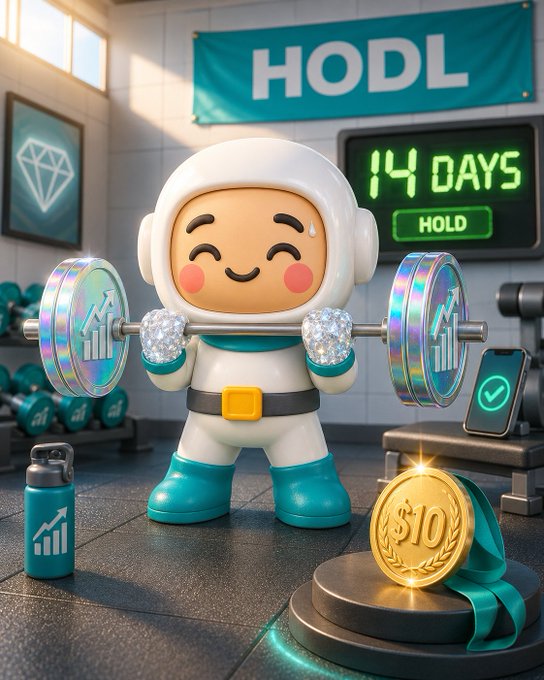 A cartoon character in an astronaut suit lifting weights in a gym setting, with a 'HODL' banner, a digital countdown showing '14 DAYS HOLD', and a gold $10 coin.