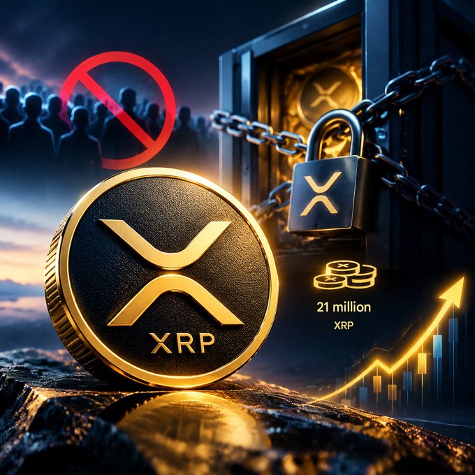 A dark, dramatic cryptocurrency graphic centers on a large XRP coin marked with the XRP logo, with a padlock and chain across a vault in the background. Nearby text reads “21 million XRP,” beside an upward-trending chart and a red prohibition symbol over shadowy figures.