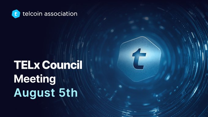 Promotional graphic for the Telcoin Association's TELx Council Meeting on August 5th, featuring the Telcoin "t" hexagonal logo against a dark blue technological background, serving as a visual reminder for the Wednesday 3pm EDT/7pm UTC council session covering agenda items including the TELx/Merkl roadmap and liquidity framework proposal.
