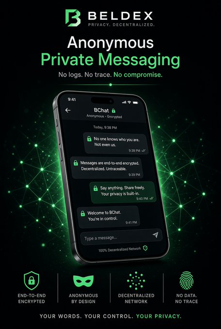 An advertisement for the 'BELDEX' app promoting 'Anonymous Private Messaging' with a smartphone displaying a chat interface and icons for end-to-end encryption and a decentralized network.