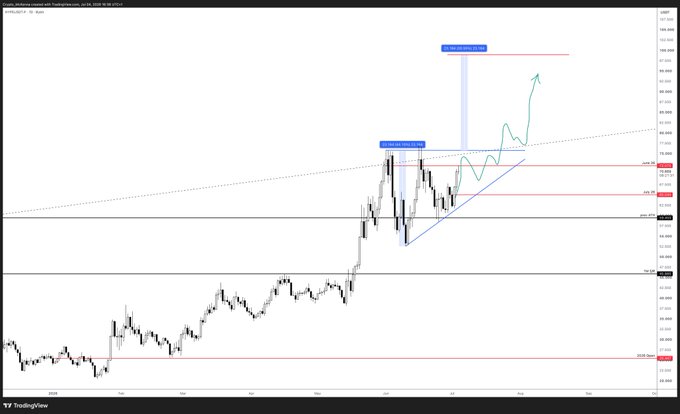 A candlestick chart of $HYPE on the 1-day timeframe shows a rising trendline and ascending channel, with hand-drawn blue arrows projecting a potential surge toward the 200+ range from the post's "3 digit $HYPE could be on the horizon in 2026" call. Key horizontal levels are marked at roughly 60 and 90, while a long green arrow illustrates the anticipated breakout to triple digits.