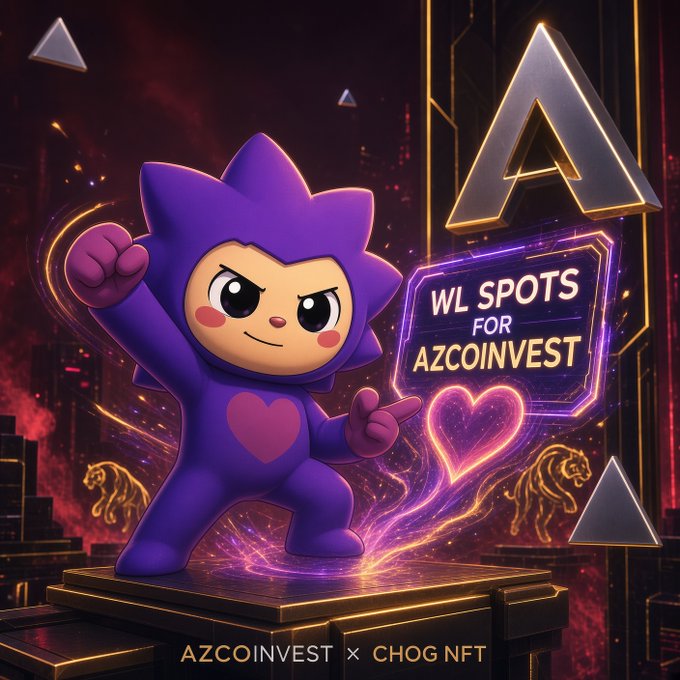 Promotional artwork featuring a purple cartoon character with a heart on its chest in a fighting pose, alongside text reading 'WL SPOTS FOR AZCOINVEST' and 'AZCOINVEST x CHOG NFT' with glowing neon elements.
