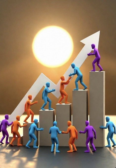 A 3D illustration depicting colorful figures climbing bar-graph steps alongside an upward-pointing arrow, with one figure leading at the top, illuminated by a bright sun.