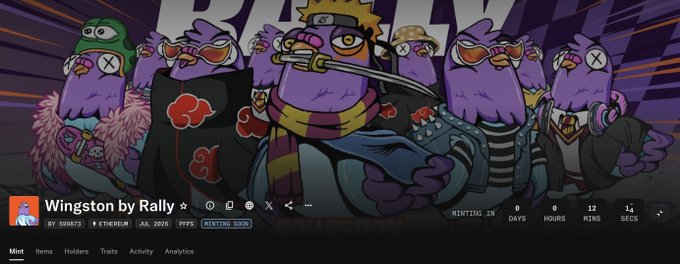 A cartoon NFT artwork titled 'Wingston by Rally' featuring a group of purple bird-like ninja characters with the central character resembling Naruto, displayed on a minting page counting down from 28 days.