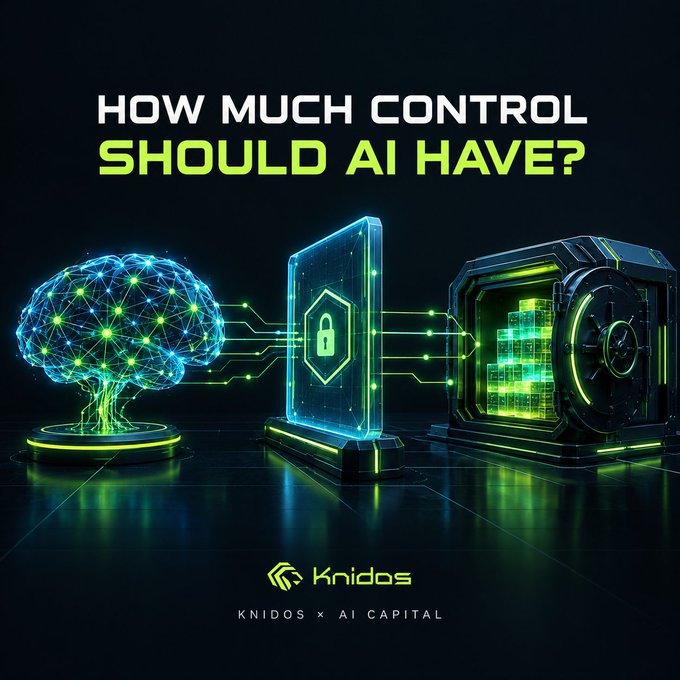 A digital graphic with the text 'HOW MUCH CONTROL SHOULD AI HAVE?' features a glowing blue AI brain connected via circuitry to a security shield and a green-lit server vault, branded with 'Knidos' and 'KNIDOS x AI CAPITAL' logos.