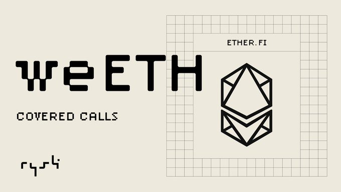 The image displays "weETH" and "COVERED CALLS", featuring the Ether.fi logo, which visually represents their integration with Rysk Finance. This synergy allows weETH holders to generate upfront premiums.