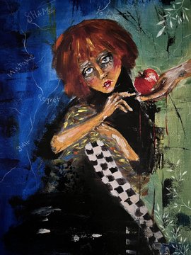 Colorful pop-art style painting of a red-haired woman holding an apple against a checkered background with text and a globe motif.