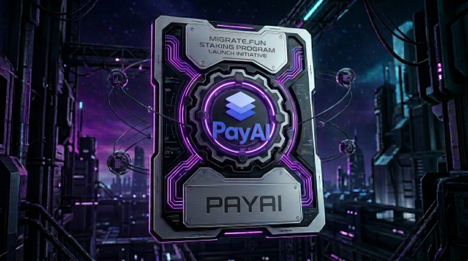 Digital promotional graphic for 'PayAI' as part of the 'MIGRATE.FUN STAKING PROGRAM LAUNCH INITIATIVE,' displayed on a metallic panel against a cyberpunk cityscape.